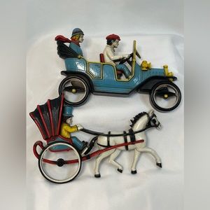 Vintage 1975 Homco Wall Decor Hanging Plaque Horse Buggy & Car